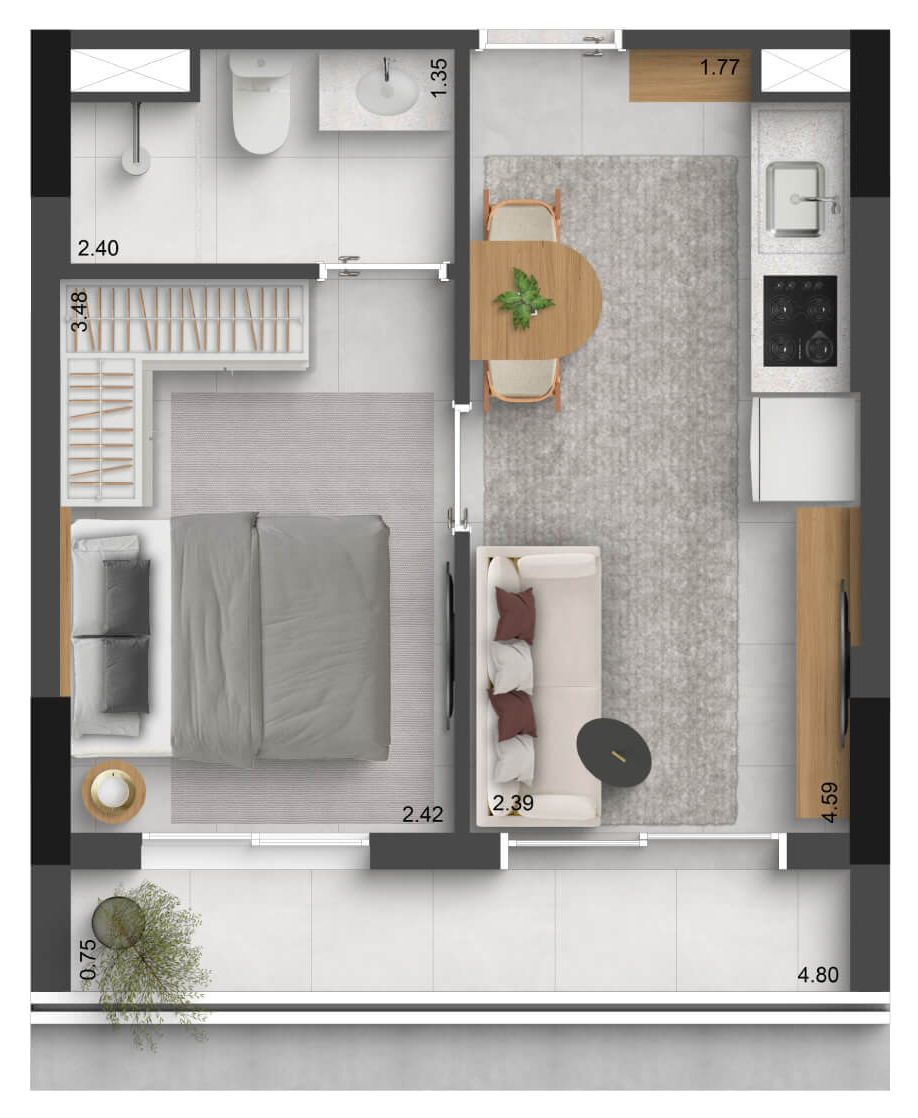 Planta 33,81 M² | 1 DORM. COM VAGA*